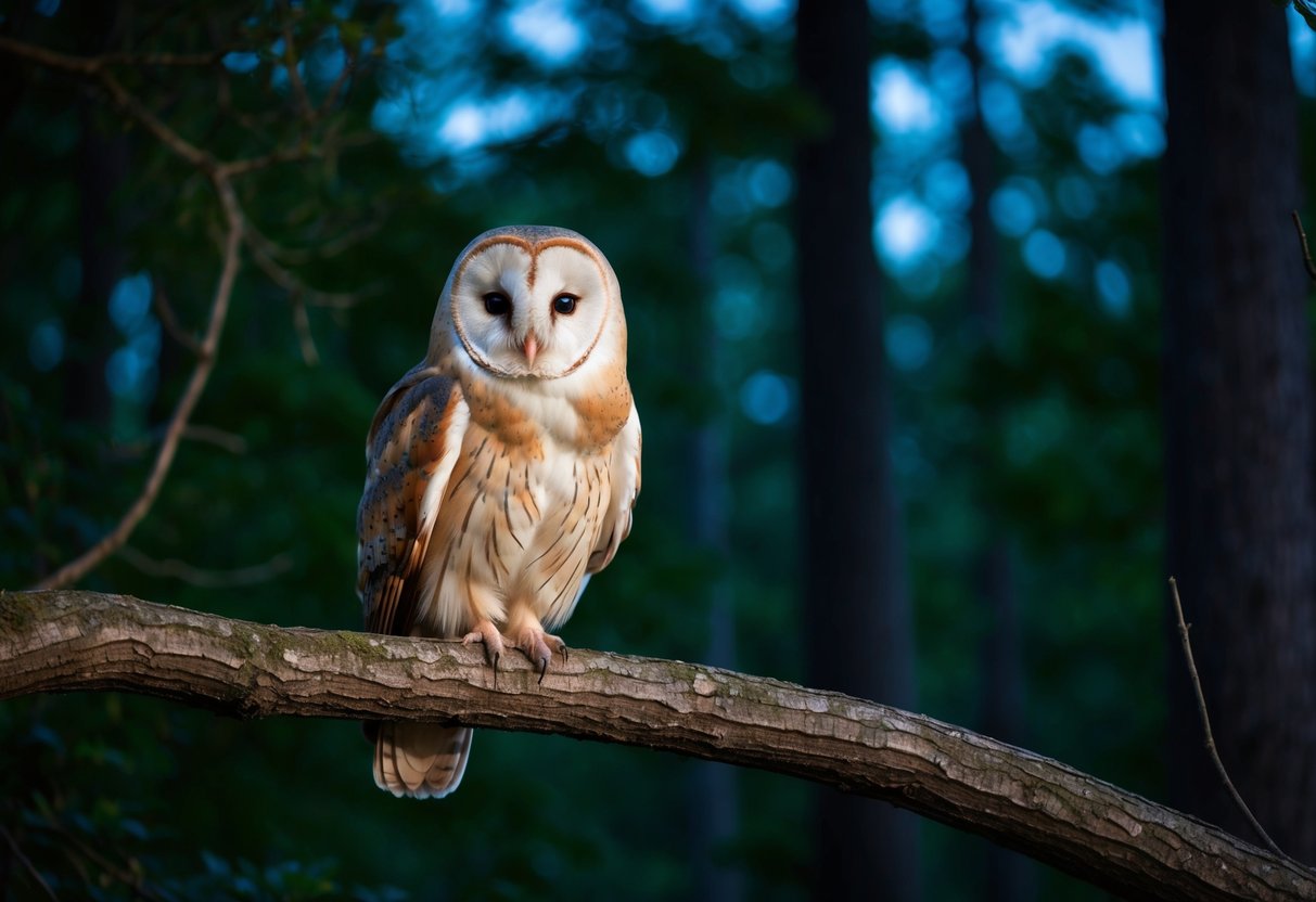 A barn owl perched on a tree branch in a dense, wooded area at dusk
