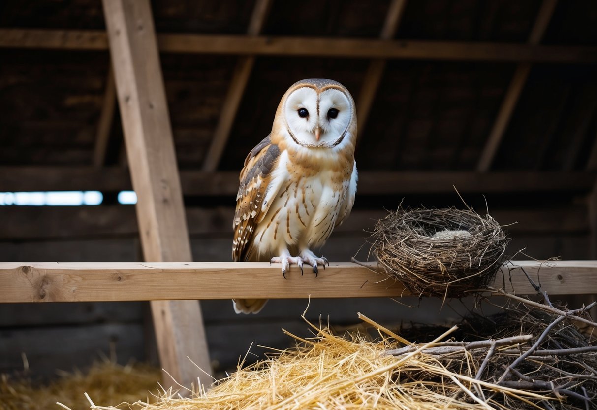 A barn owl perched on a wooden beam inside a rustic barn, surrounded by straw and twigs, with a cozy nest tucked away in a shadowy corner