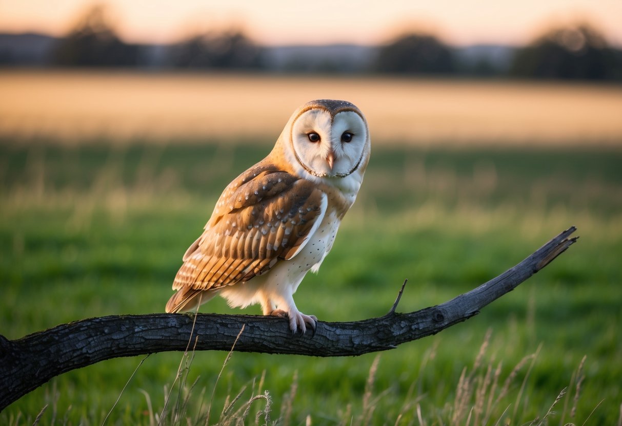 A barn owl perched on a tree branch, hunting for prey in a grassy field at dusk