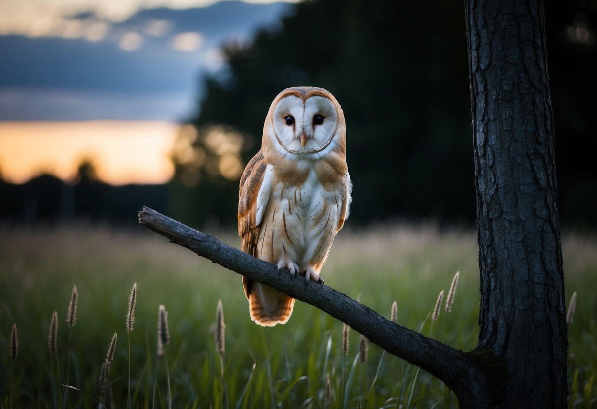 A barn owl perched on a tree branch at dusk, surrounded by tall grass and a dark, wooded area in the background