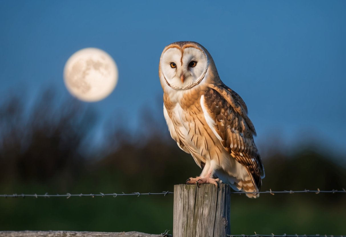 A barn owl perches on a weathered wooden fence post, its feathers ruffled by a gentle breeze. The moonlight casts a soft glow on the owl's wise, ageless face