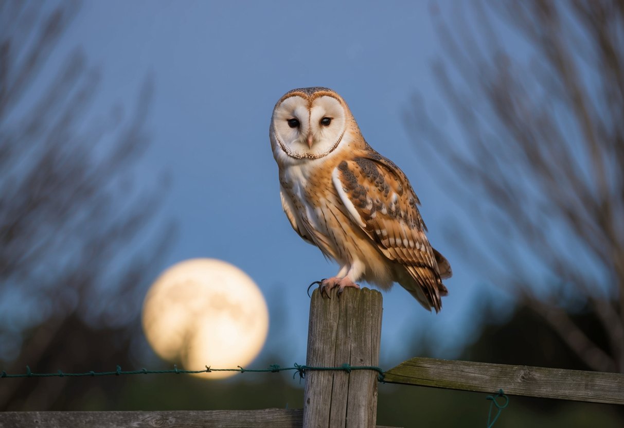 A barn owl perched on a weathered wooden fence post, its feathers ruffled by a gentle breeze, with a backdrop of moonlit trees