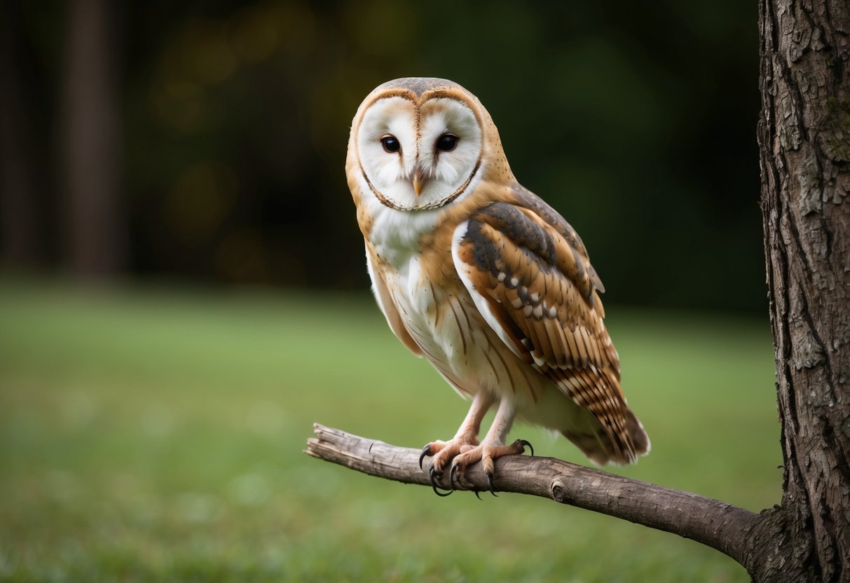A barn owl perches on a tree branch, scanning the ground for prey. Its keen eyes and sharp talons are ready for hunting