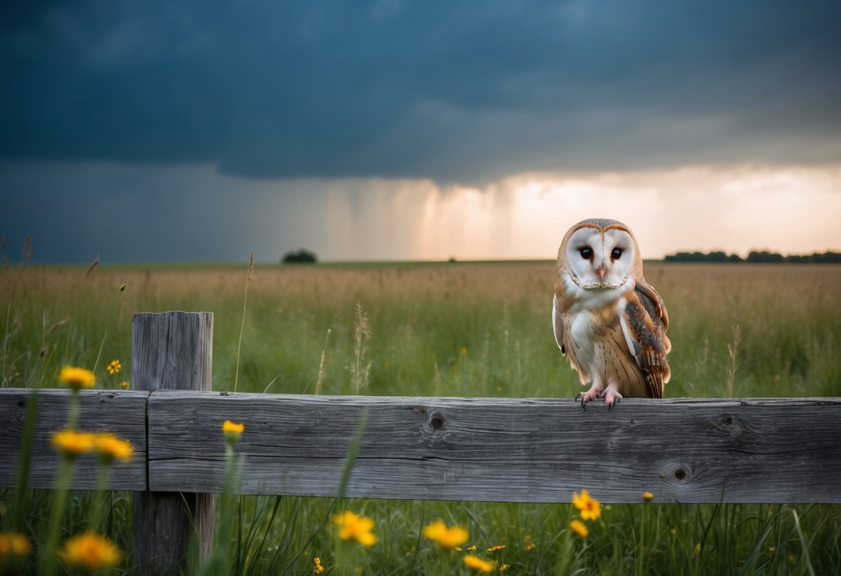A barn owl perched on a weathered wooden fence, surrounded by tall grass and wildflowers. A distant storm approaches, casting a dramatic sky
