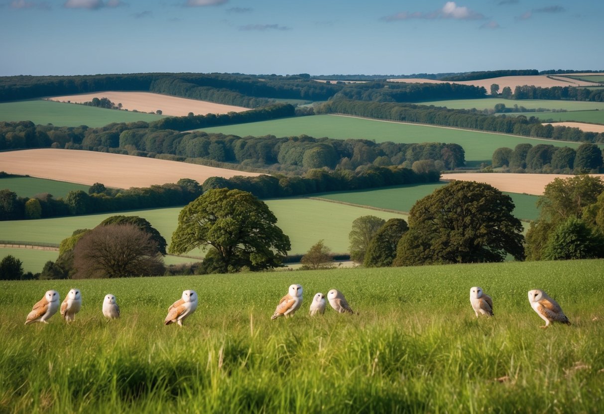 A rural landscape with fragmented woodlands and farmland, showing the impact of habitat loss and agricultural intensification on barn owl populations in Britain