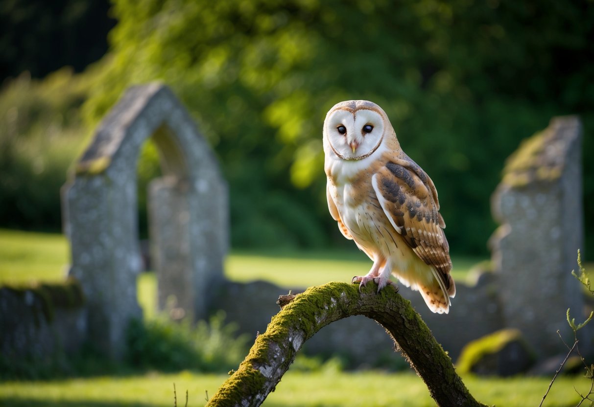A barn owl perched on a moss-covered branch in a British countryside, surrounded by lush greenery and old stone ruins