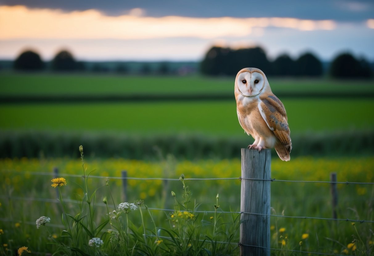 A serene British countryside at dusk, with a barn owl perched on a wooden fence post, surrounded by lush green fields and wildflowers