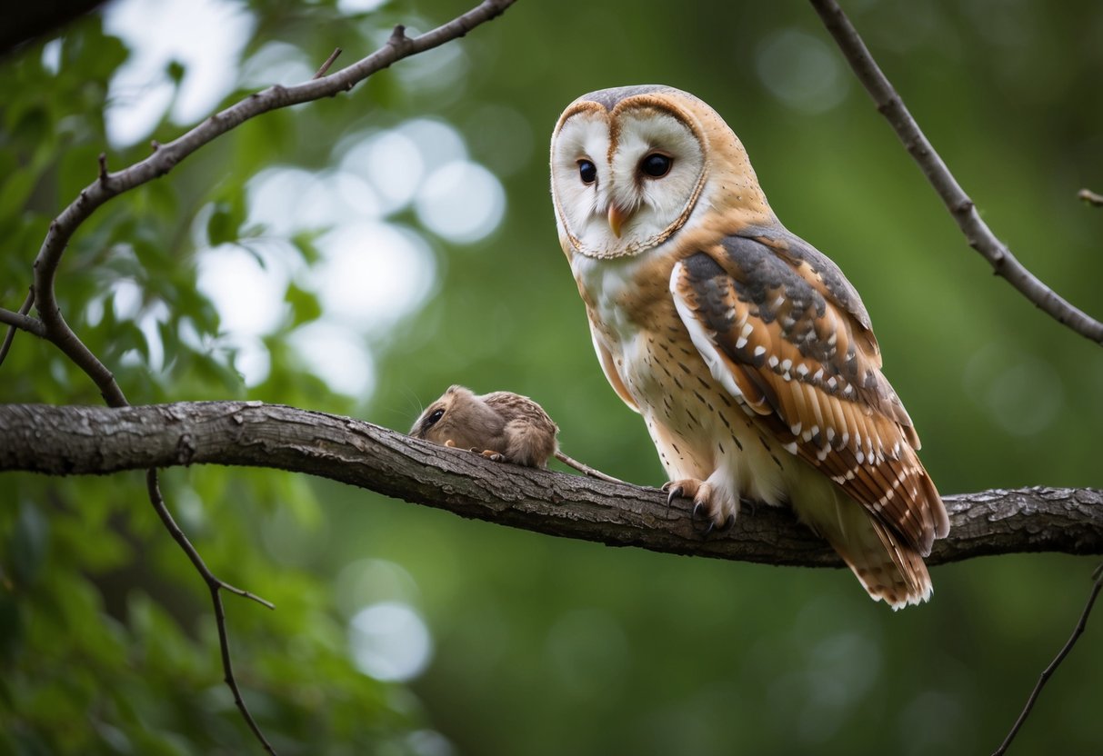 A barn owl perched on a tree branch, fixated on a small rodent scurrying below