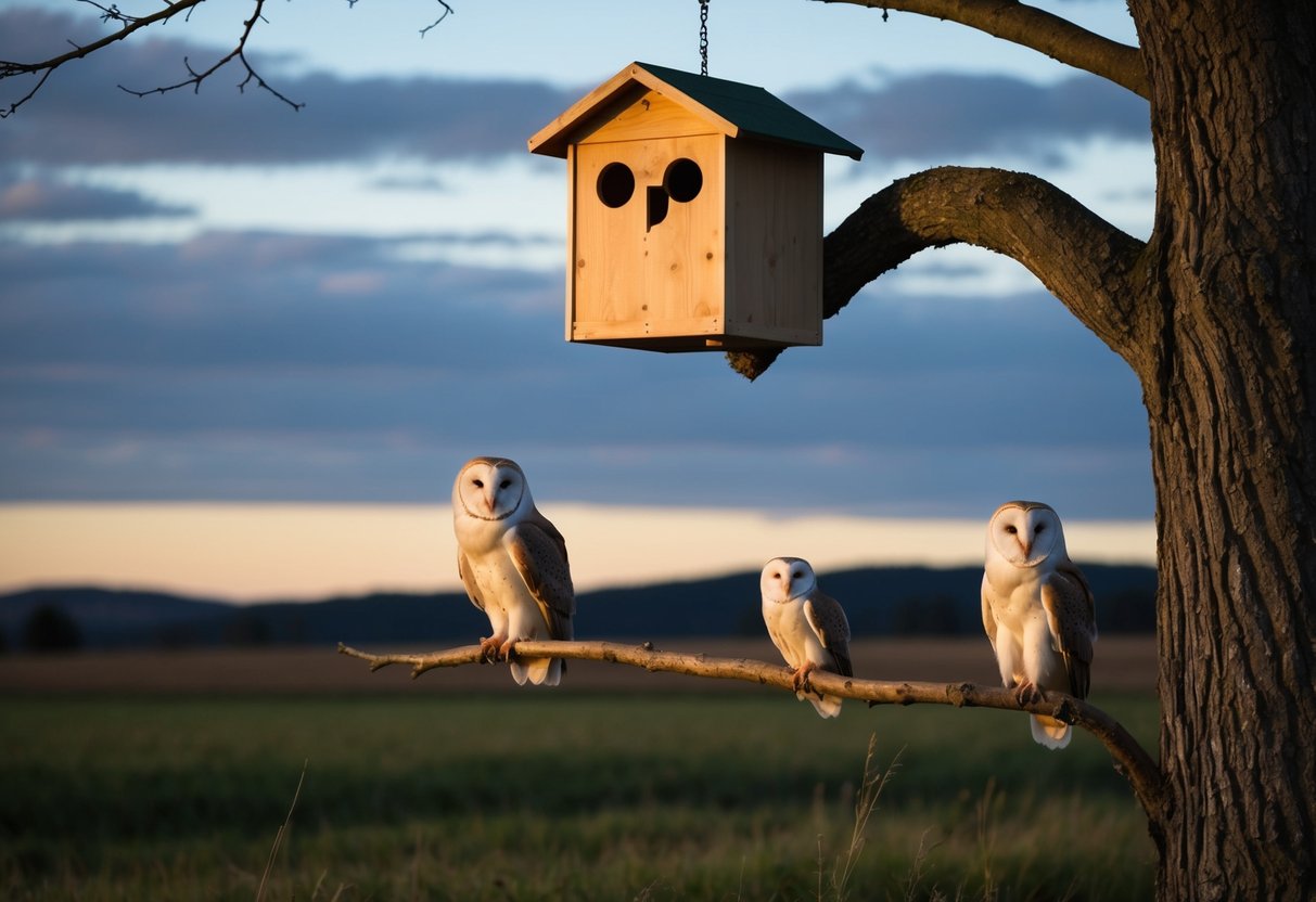 A barn owl box hangs from a sturdy tree branch in a quiet, open field. A family of owls perches nearby, watching as the sun sets behind the distant hills