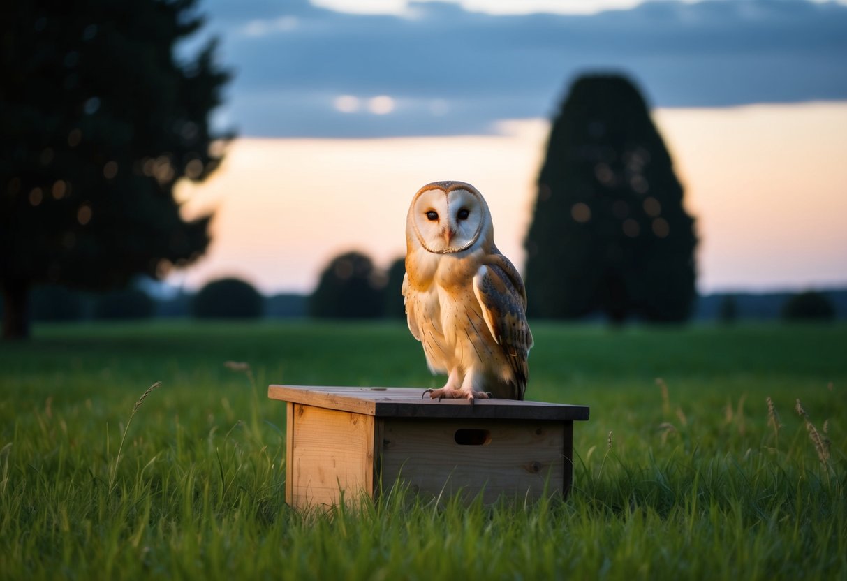 A barn owl perched on a wooden nesting box in a grassy field at dusk, surrounded by tall trees and open space