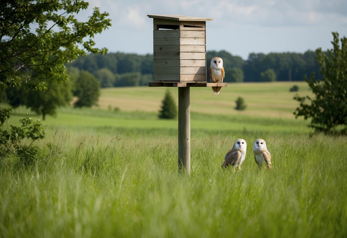 A lush, open field with tall grass and scattered trees, a wooden nesting box perched on a high pole, and a pair of barn owls perched nearby