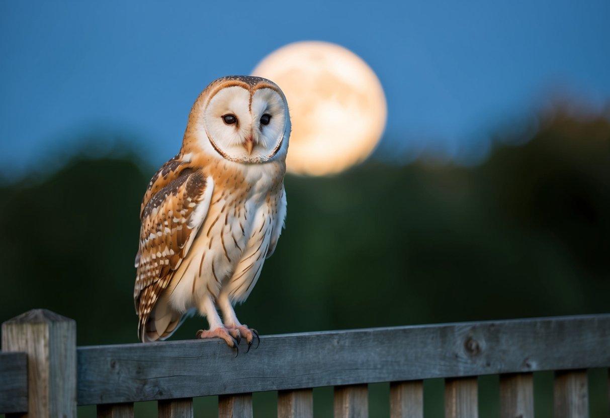 A barn owl perched on a wooden fence, with moonlight casting a soft glow on its feathers