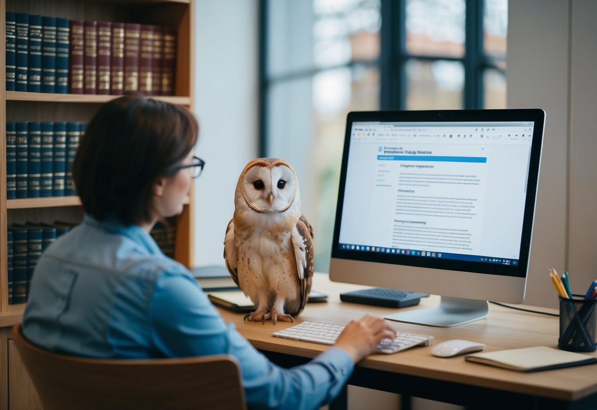 A person researching legal requirements for keeping barn owls, with a bookshelf of law books and a computer open to a government website