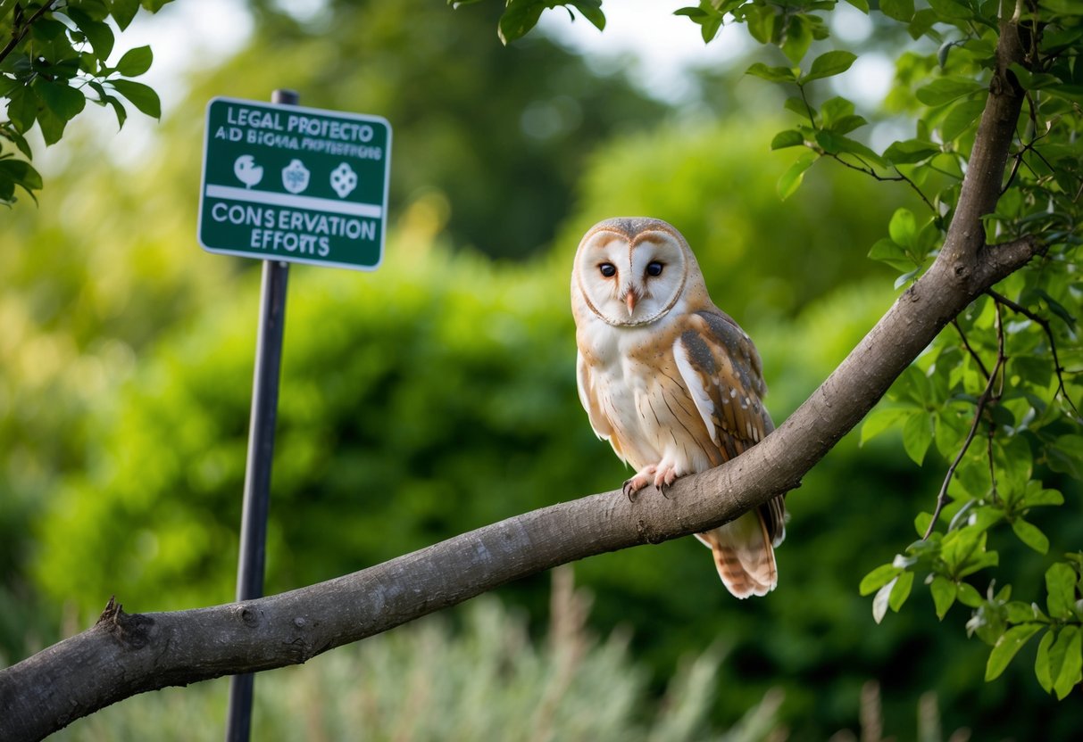 A barn owl perched on a tree branch, surrounded by lush greenery and a sign indicating legal protection and conservation efforts