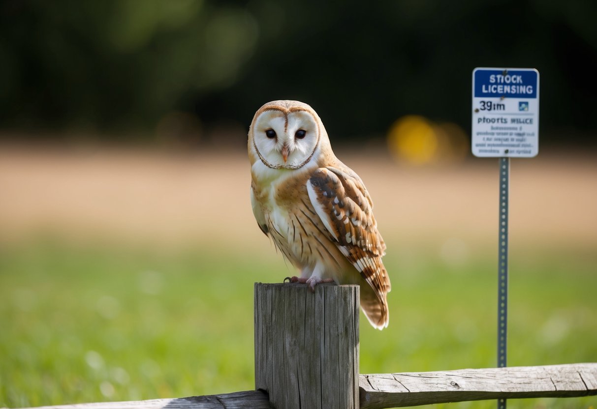A barn owl perched on a wooden fence post, with a small sign indicating licensing information in the background