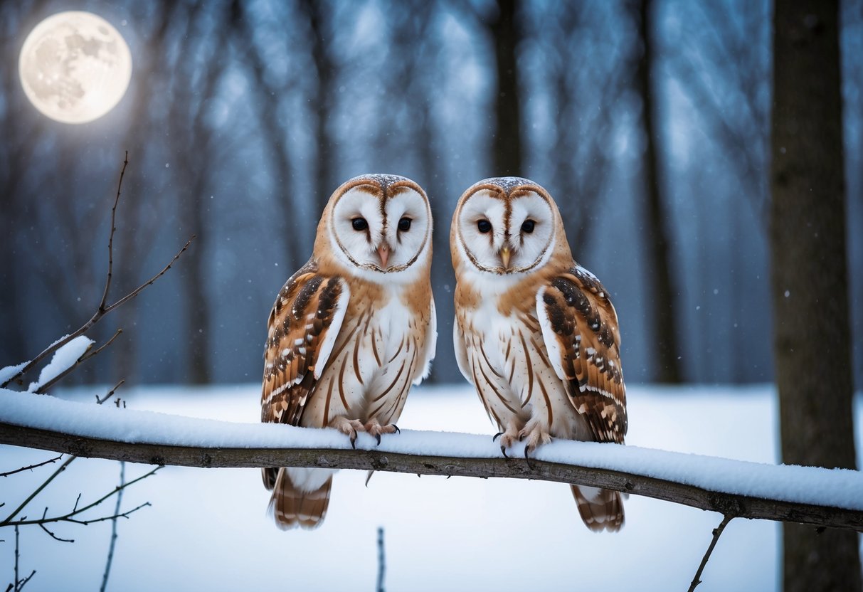 Barn owls perch on snow-covered branches in a moonlit forest