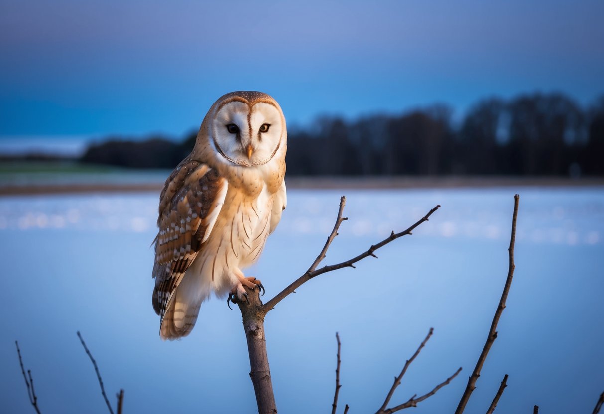 A barn owl perched on a bare tree branch at dusk, with snow-covered fields in the background
