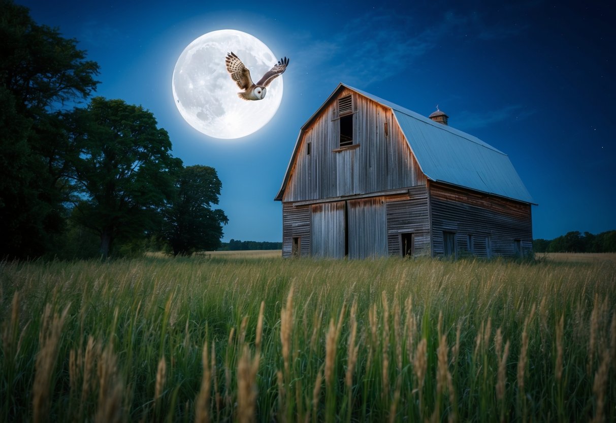 A moonlit field with a weathered barn, surrounded by tall grass and trees, as a barn owl swoops down from the rafters