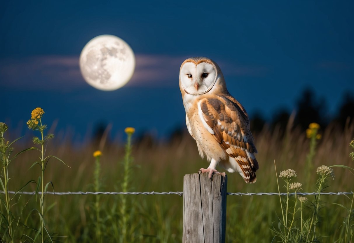 A barn owl perched on a wooden fence post, surrounded by tall grass and wildflowers, with a full moon shining in the night sky