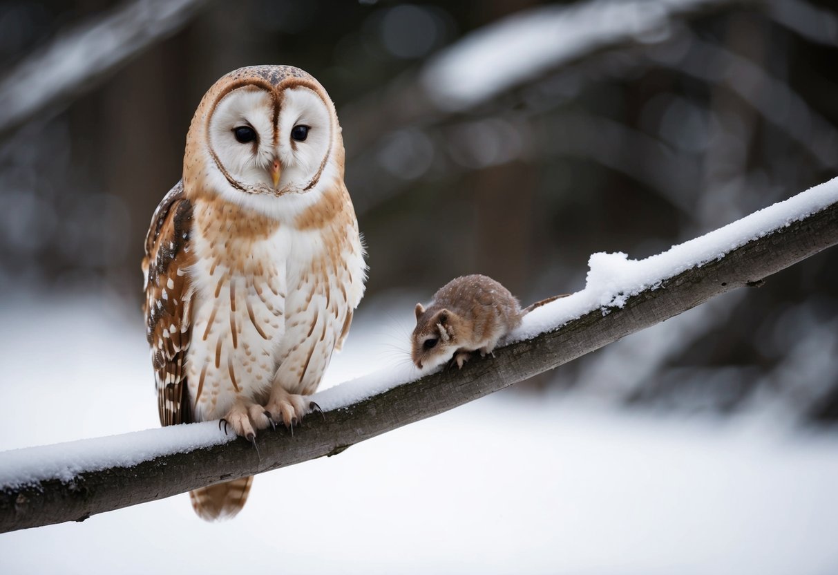 A barn owl perched on a snow-covered branch, eyes fixed on a small rodent burrowing in the ground below