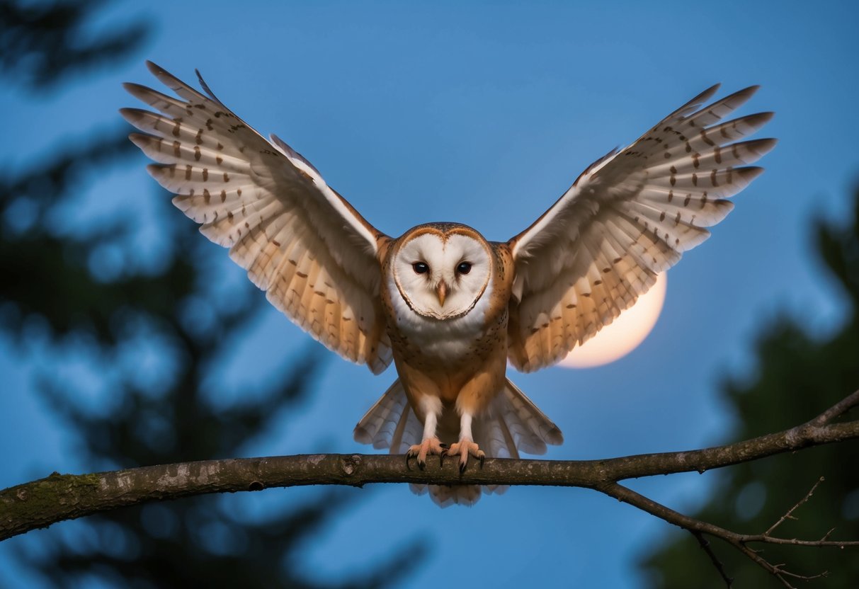 A barn owl perched on a tree branch, its white heart-shaped face illuminated by the moonlight, with its wings spread wide as it prepares to take flight