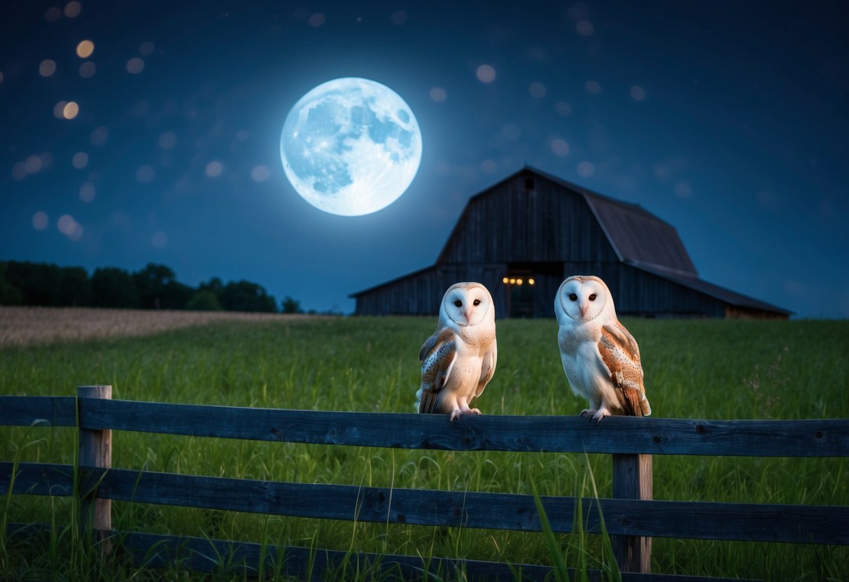 A moonlit field with tall grass and a rustic barn, where a pair of barn owls perches on a wooden fence, their white faces glowing in the darkness