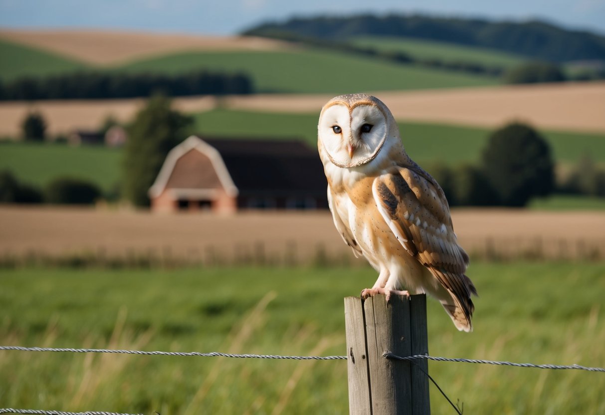 A barn owl perched on a wooden fence post, with a backdrop of a rural UK landscape featuring rolling hills and a traditional barn in the distance
