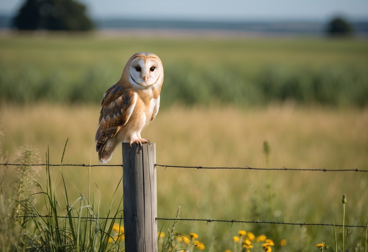 A barn owl perched on a wooden fence post, surrounded by tall grass and wildflowers, with a background of a rural landscape