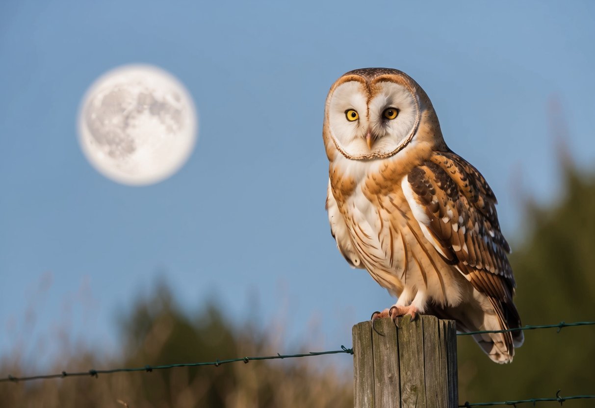 A barn owl perched on a wooden fence post, surveying its surroundings with wide, golden eyes. The moon shines brightly in the background