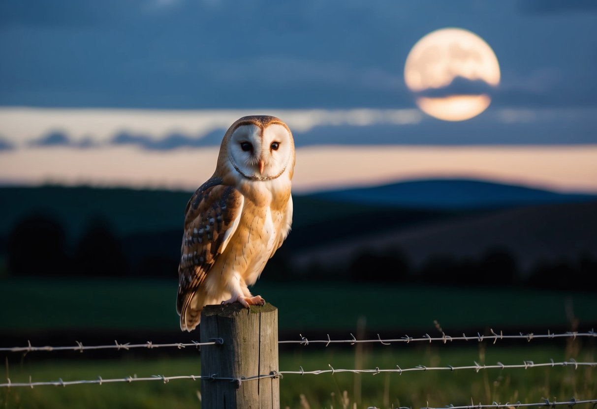 A barn owl perched on a wooden fence post at dusk in a rural UK countryside, with rolling hills and a full moon in the background