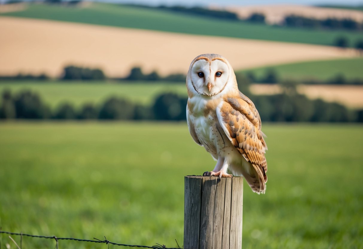 A barn owl perched on a wooden fence post in a rural English landscape, with rolling hills and fields in the background