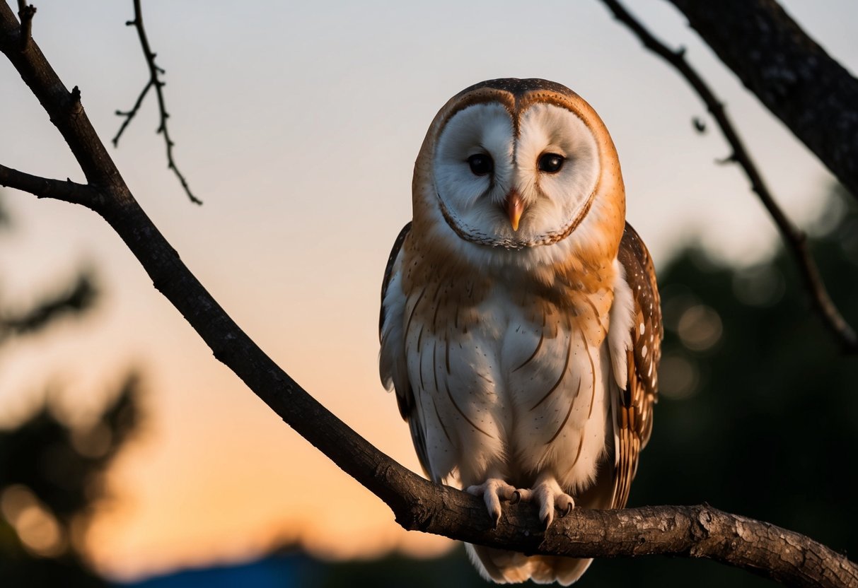 A barn owl perched on a tree branch at dusk, its heart-shaped face and white underparts illuminated by the fading light
