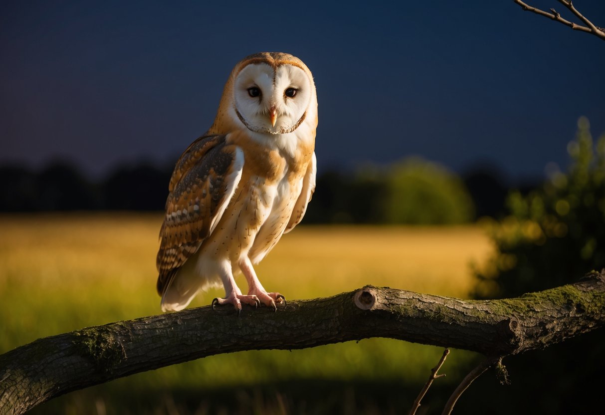 A barn owl perched on a tree branch at night, hunting for prey in a UK countryside