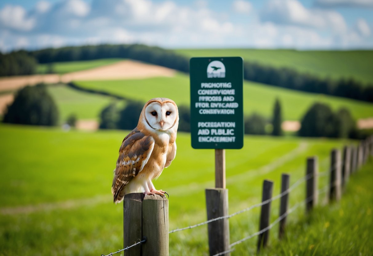 A barn owl perched on a wooden fence post, surrounded by a lush green countryside with a sign promoting conservation efforts and public engagement