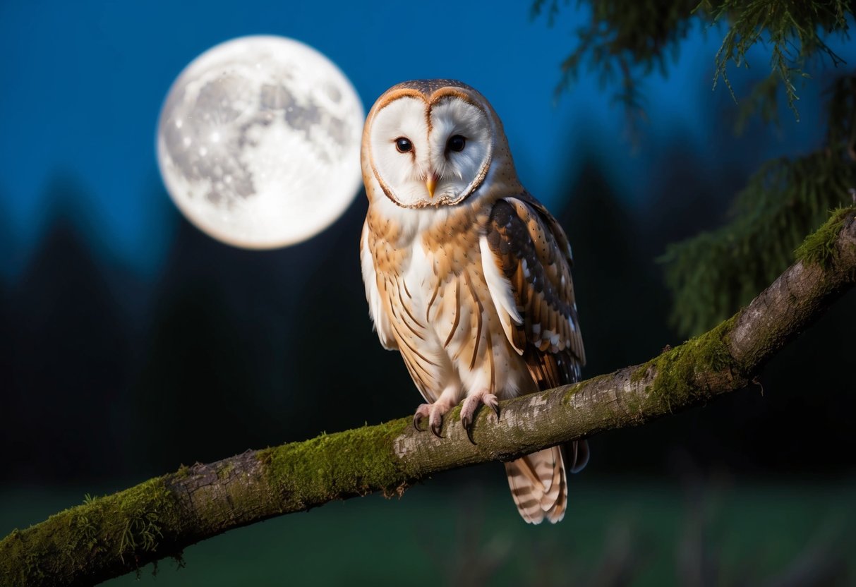 A barn owl perched on a moss-covered tree branch under a full moon