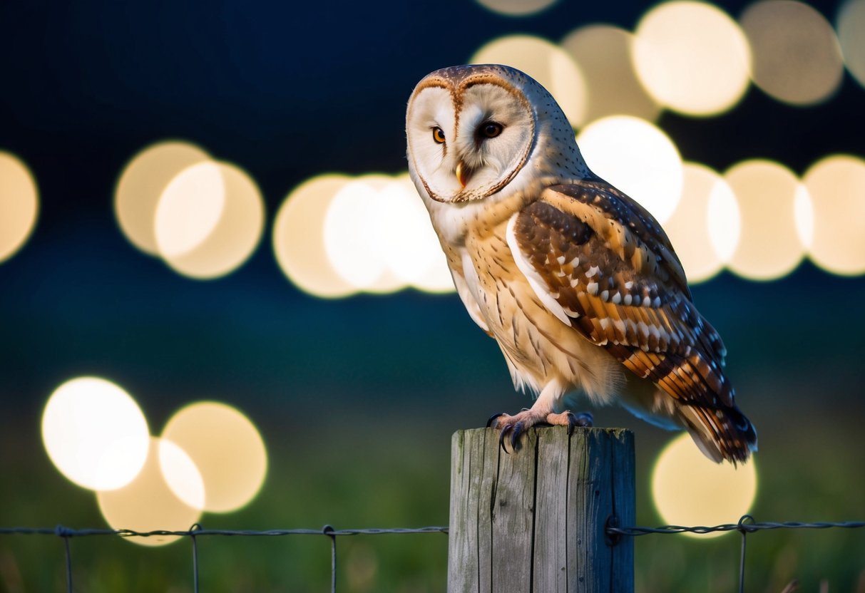 A barn owl perched on a weathered wooden fence post at night, its piercing eyes glowing in the darkness as it surveys its surroundings