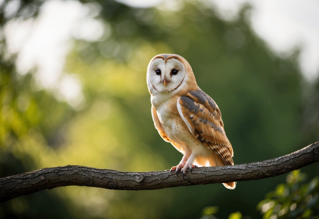 A barn owl perched on a tree branch, swaying back and forth, with its eyes fixed on its prey or potential mate