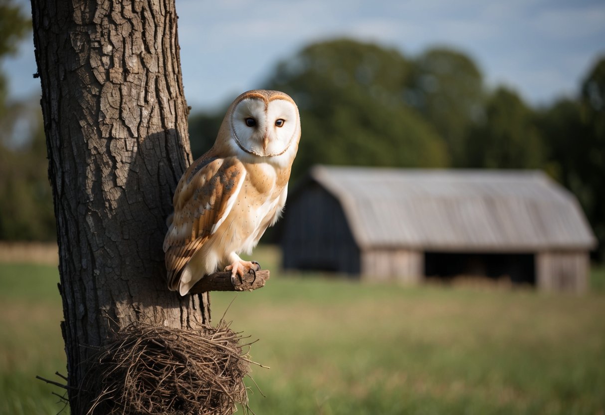 A barn owl perched in a tree, swaying back and forth near its nesting site in a rural barn