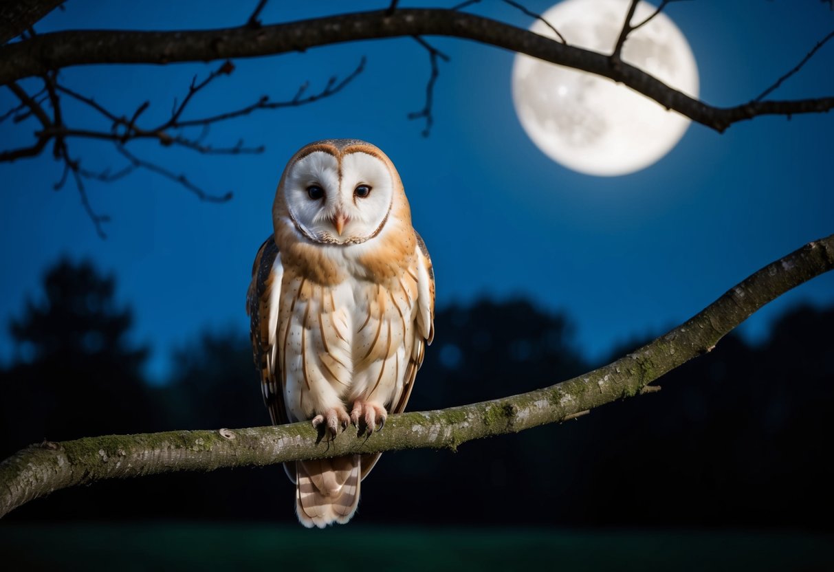 A barn owl perched on a tree branch, swaying back and forth, surrounded by moonlit night and silhouettes of other trees