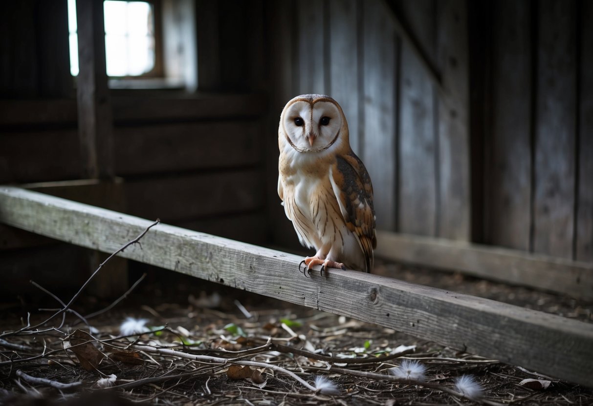 A barn owl perches on a weathered wooden beam inside a dark, musty barn. Twigs and feathers litter the floor, evidence of past nesting