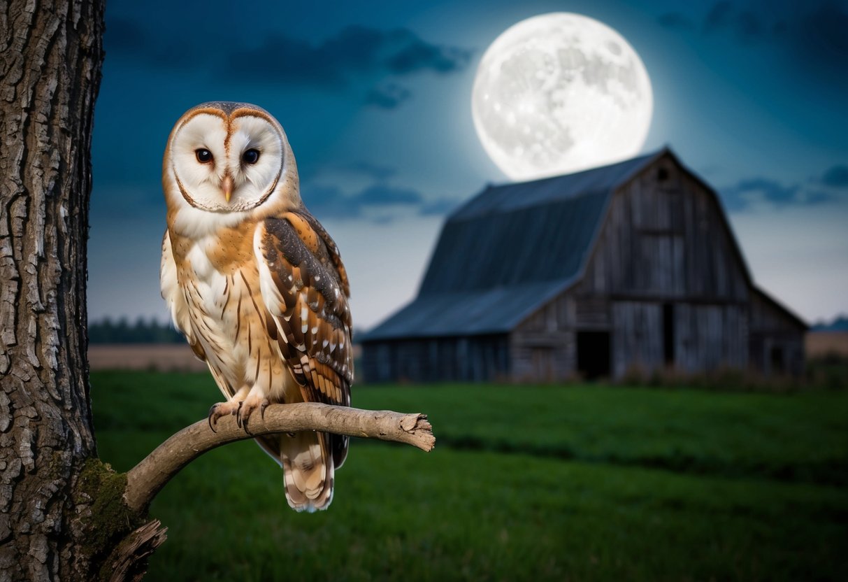 A barn owl perched on a tree branch near a familiar old barn, surrounded by moonlit fields