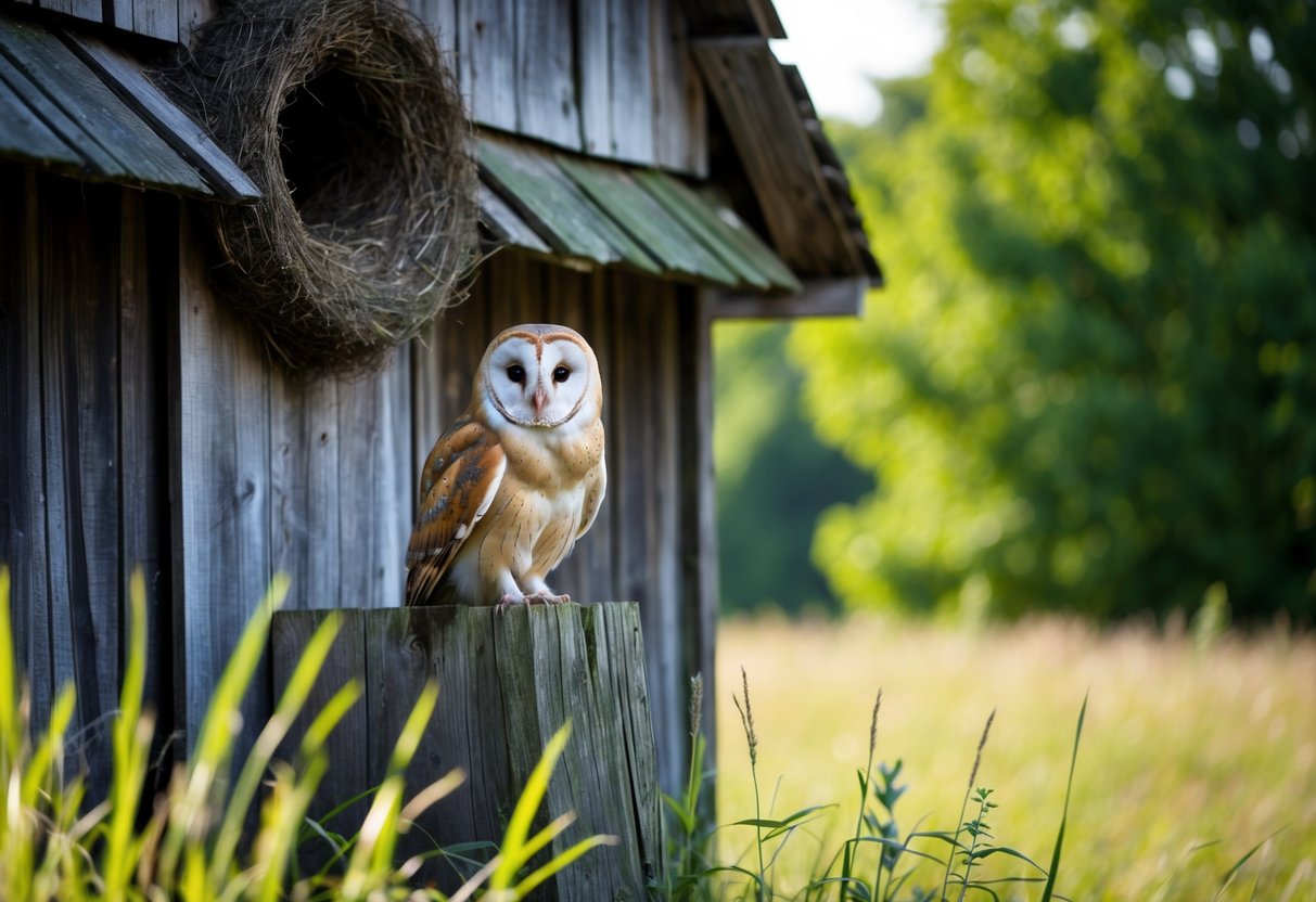 A barn owl perched on an old wooden barn, surrounded by tall grass and trees, with a nest tucked into the eaves