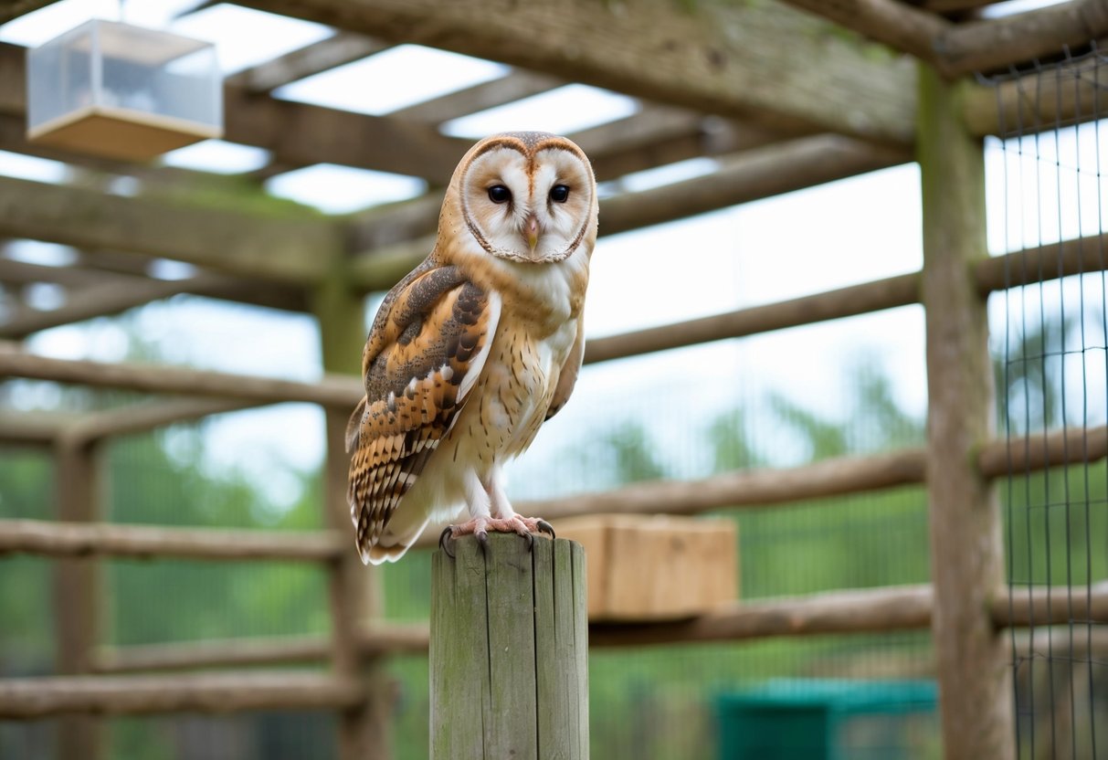A barn owl perched on a wooden post, surrounded by a cozy, well-maintained enclosure with a nesting box and ample space for flying