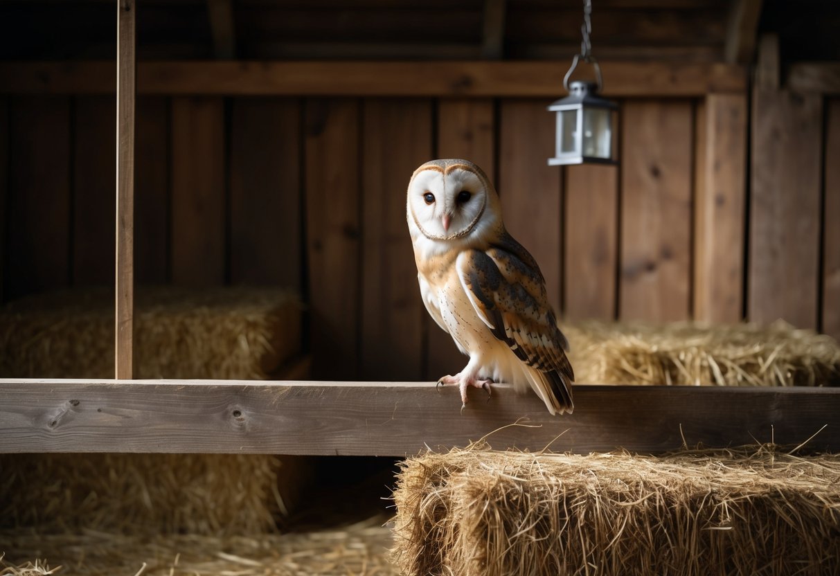 A barn owl perched on a wooden beam inside a rustic barn, surrounded by hay bales and dimly lit by a single hanging lantern