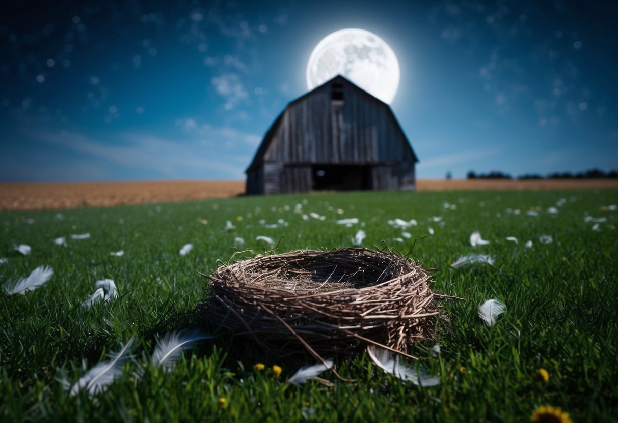 A moonlit field with an old barn, empty nest, and scattered feathers