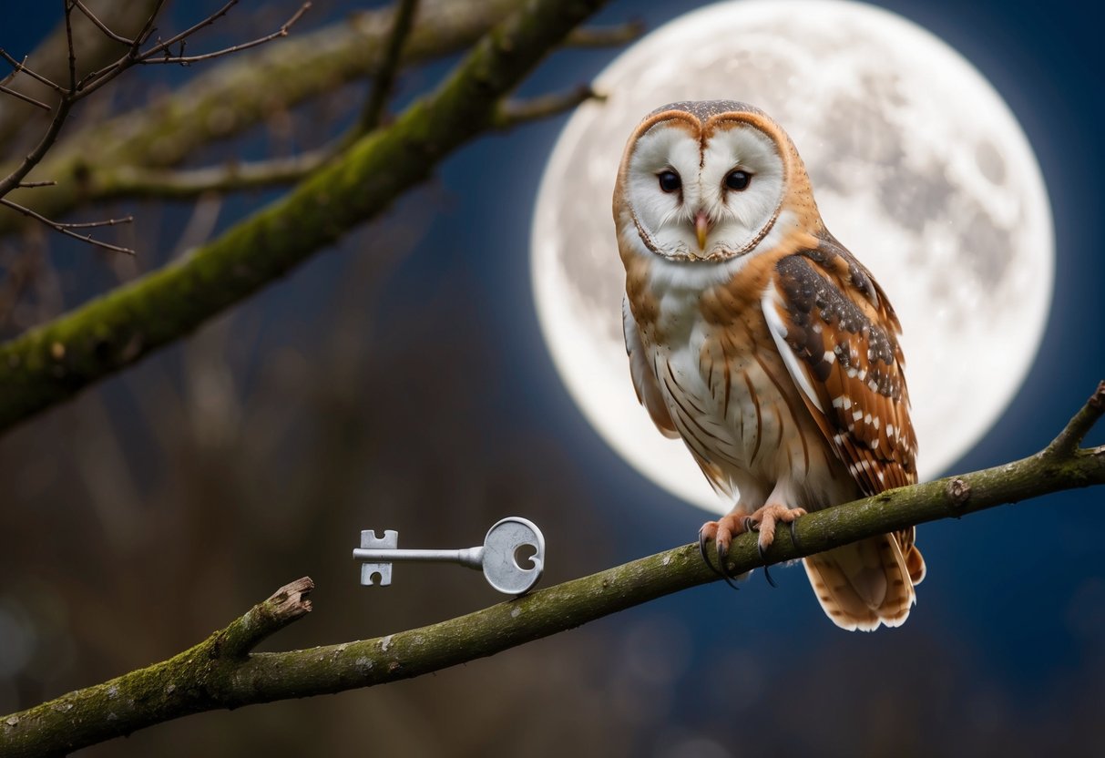 A barn owl perched on a branch, surrounded by moonlight and holding a key in its talons, symbolizing wisdom and mystery in modern times