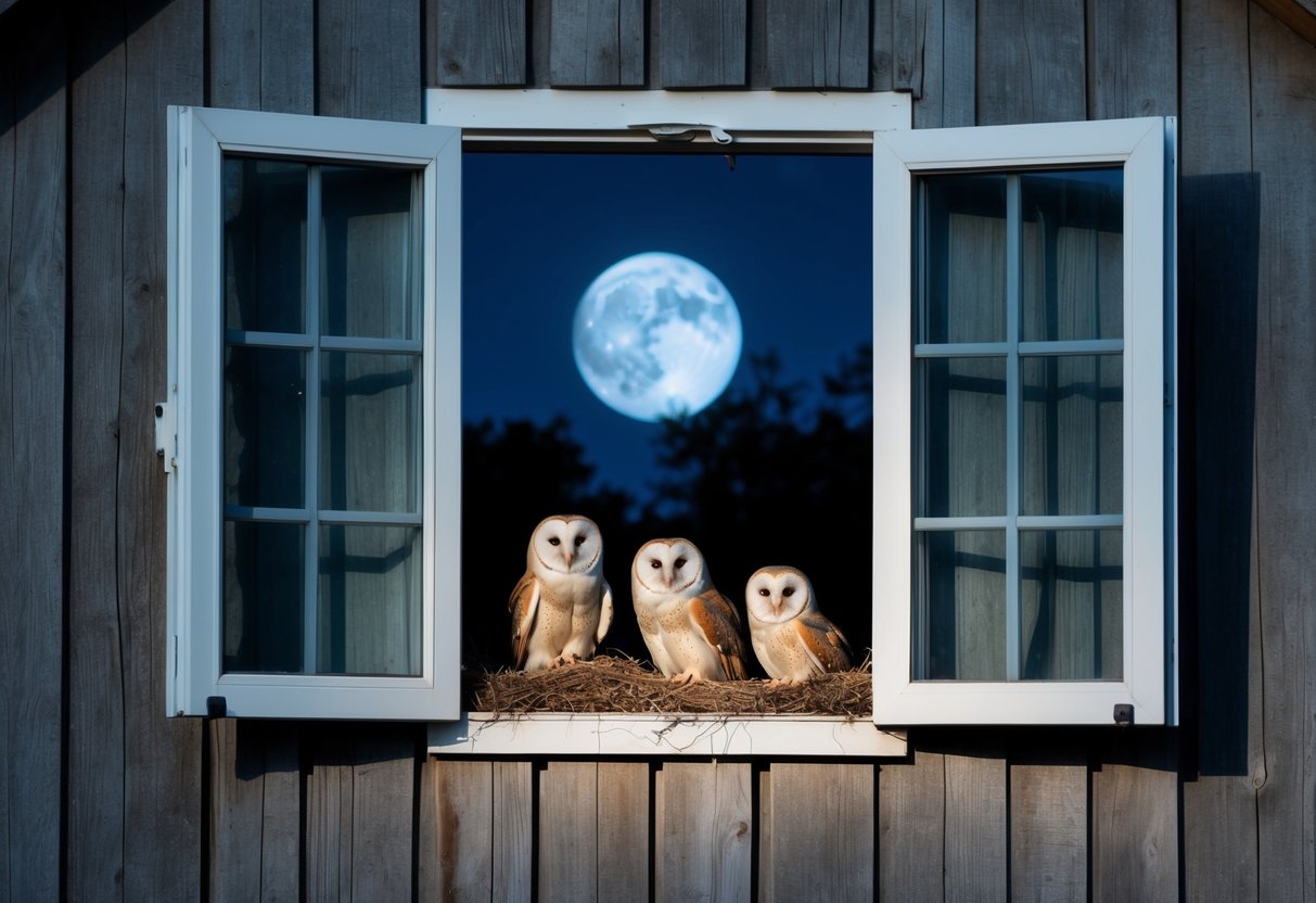 A moonlit barn with an open window, revealing a family of barn owls nesting inside