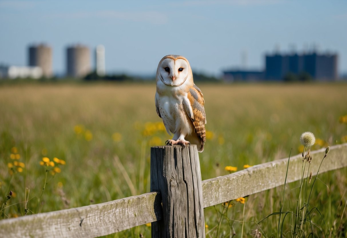 A barn owl perched on a weathered wooden fence post, surrounded by a field of tall grass and wildflowers, with a distant silhouette of industrial buildings on the horizon