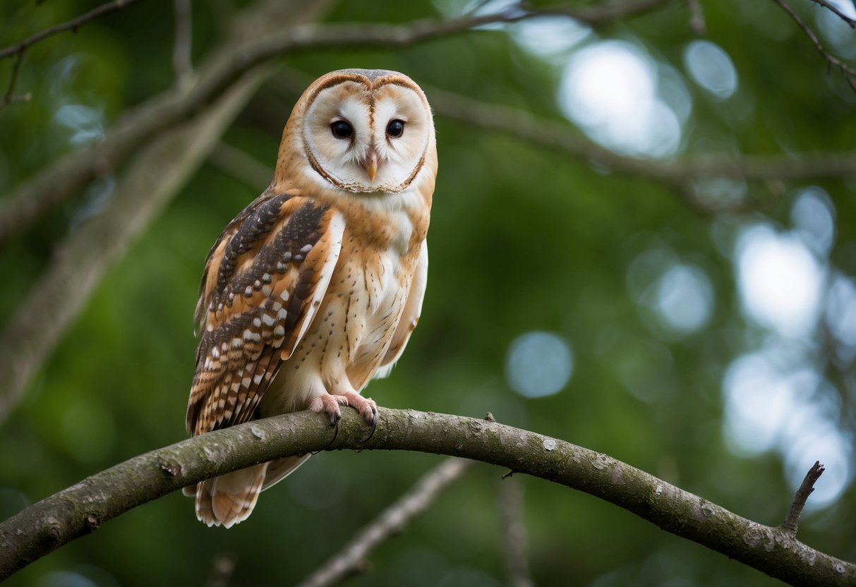 A barn owl perched on a tree branch, its head turned to the side, watching for any signs of disturbance