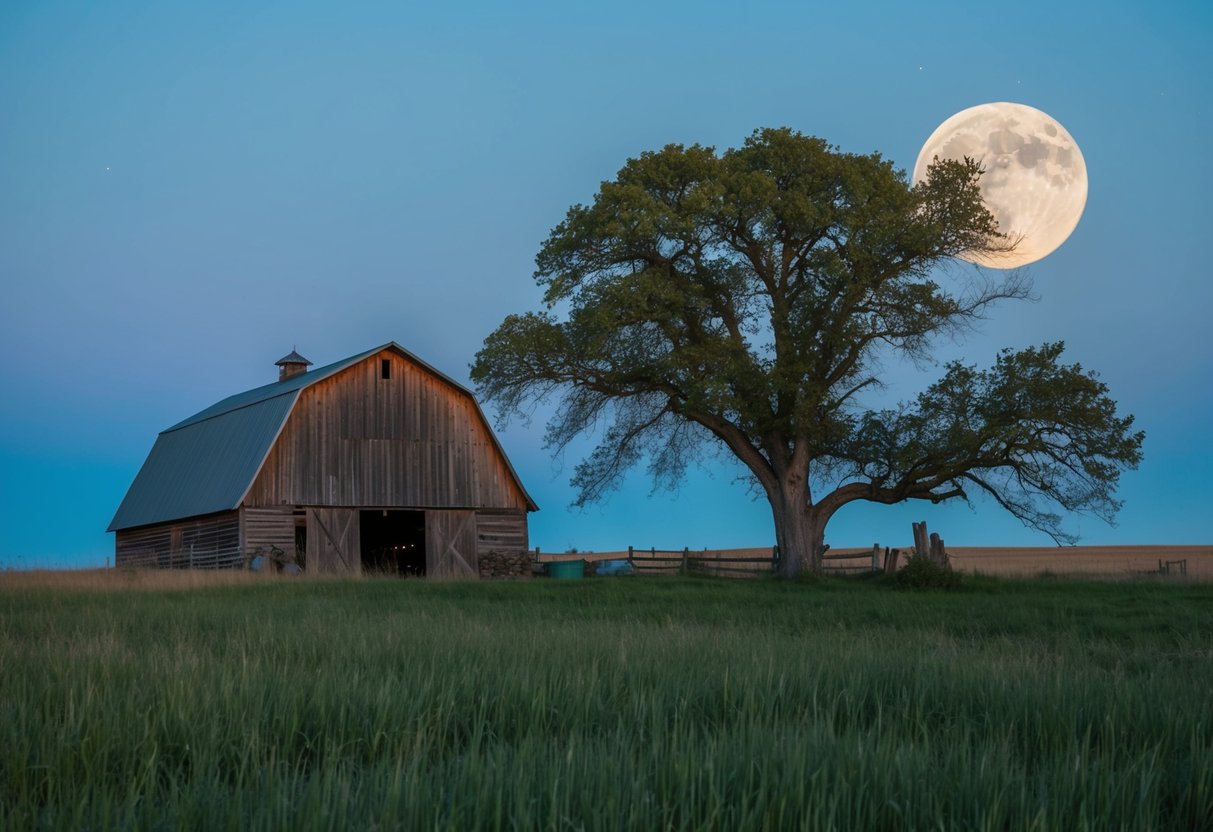 A moonlit barn with tall grass and a hollowed tree, surrounded by signs of human activity